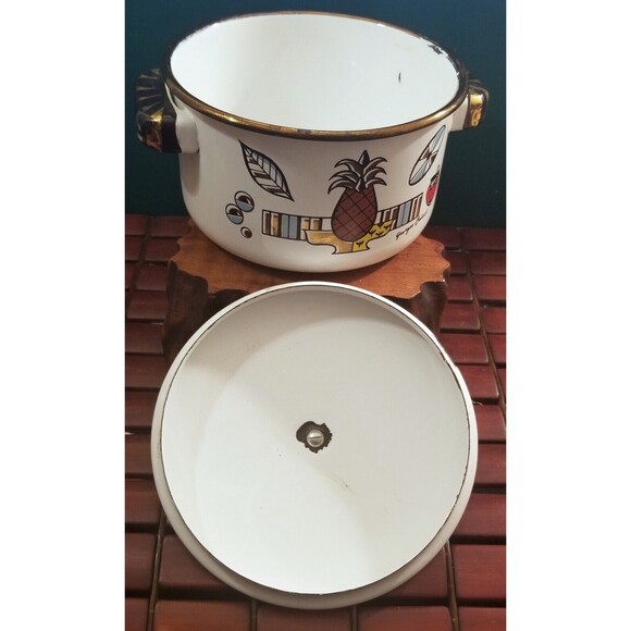 Mid Century Georges Briard Ambrosia Pineapple Porcelain Enamel Kettle & Lid 7" - Picture 10 of 12